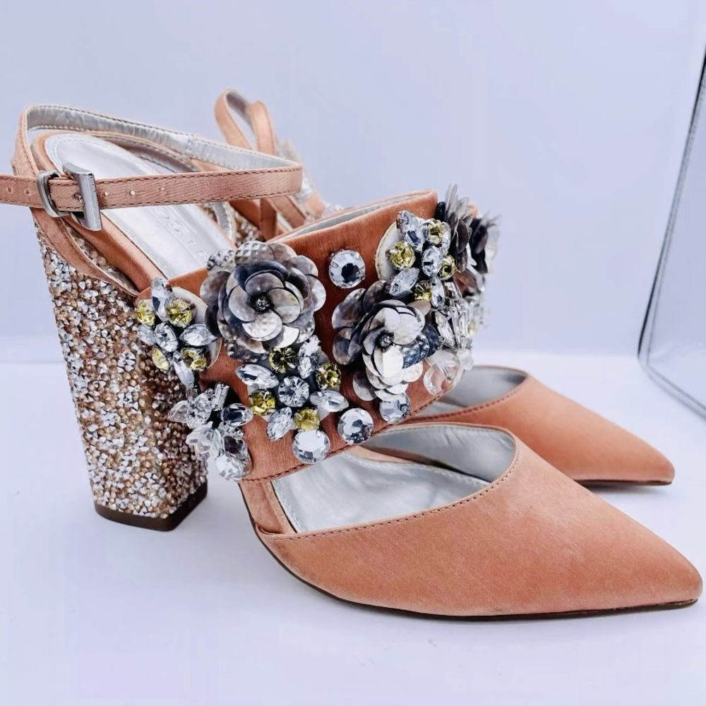 ASOS Embellished Floral Block Heel satin Shoes - Tan size 10